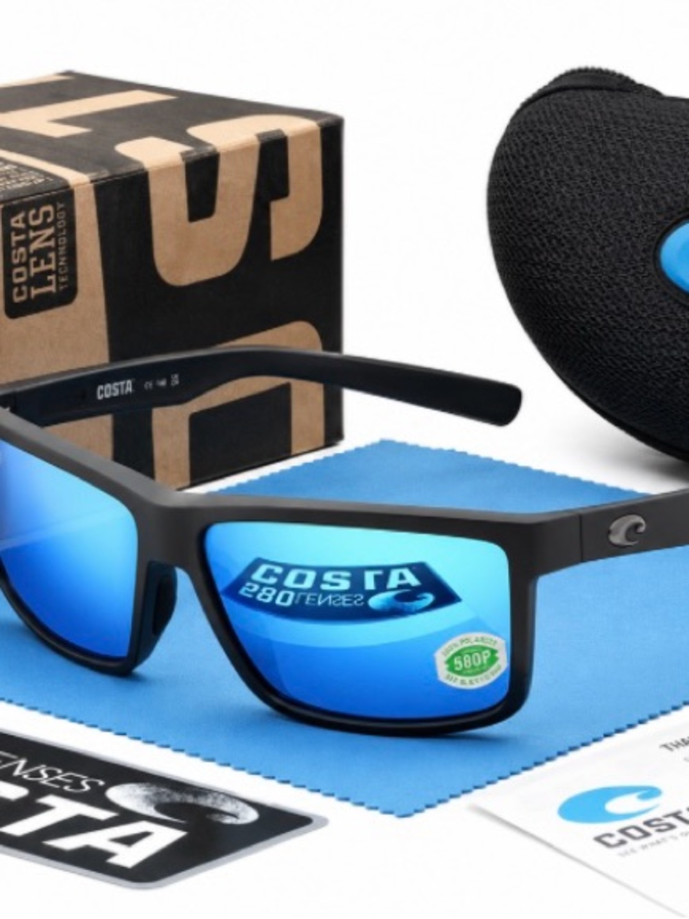 Costa Blue Mirror Sunglasses with Black Frame